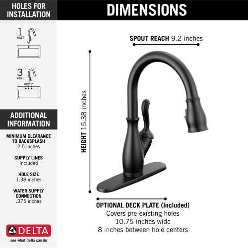9178T-BL-DST Leland Single Handle Pull Down Kitchen Faucet with Touch2O and ShieldSpray Technologies, Matte Black