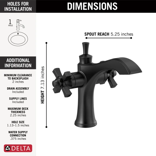 857-BL-DST Dorval Two Handle Single Hole Monoblock Bathroom Faucet, Matte Black