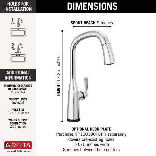 9176T-PR-DST Stryke Single Handle Pull Down Kitchen Faucet with Touch 2O Technology, Lumicoat Chrome