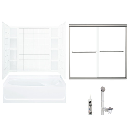Sterling 7111L-5405NC-0 60-in x 42-in Bathtub, Walls and Door Kit, in White/Nickel with Clear Glass