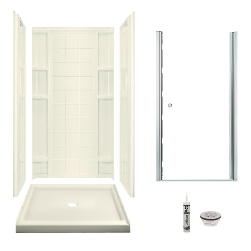 36-in x 34-in Shower Base, Walls and Door Kit, in Biscuit/Chrome with Clear Glass