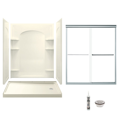 60-in x 32-in Shower Base, Walls and Door Kit, in Biscuit/Chrome with Clear Glass