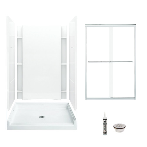 48-in x 36-in Shower Base, Walls and Door Kit, in White/Chrome with Clear Glass