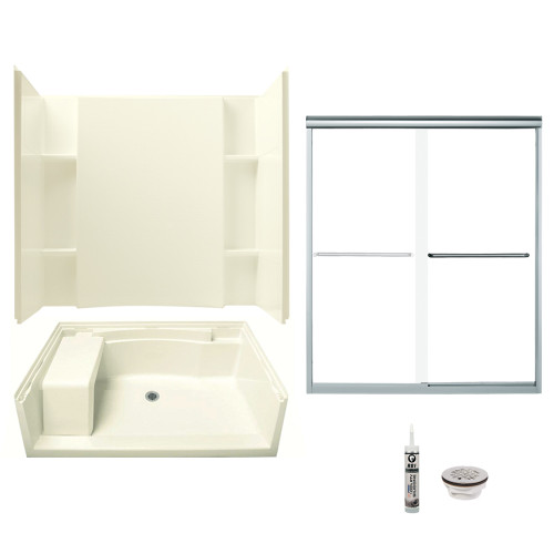 60-in x 36-in Shower Base, Walls and Door Kit, in Biscuit/Chrome with Clear Glass