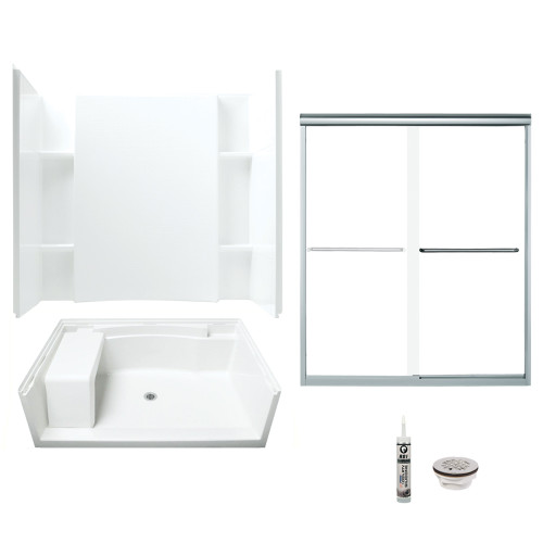60-in x 36-in Shower Base, Walls and Door Kit, in White/Chrome with Clear Glass