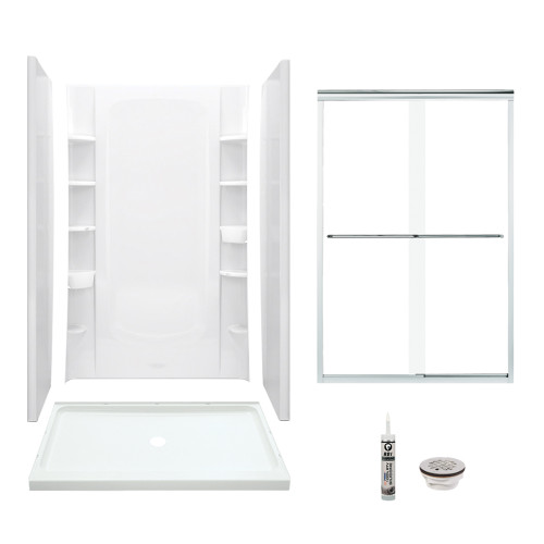 Sterling 7232-5475SC-0 48-in x 34-in Shower Base, Walls and Door Kit, in White/Chrome with Clear Glass