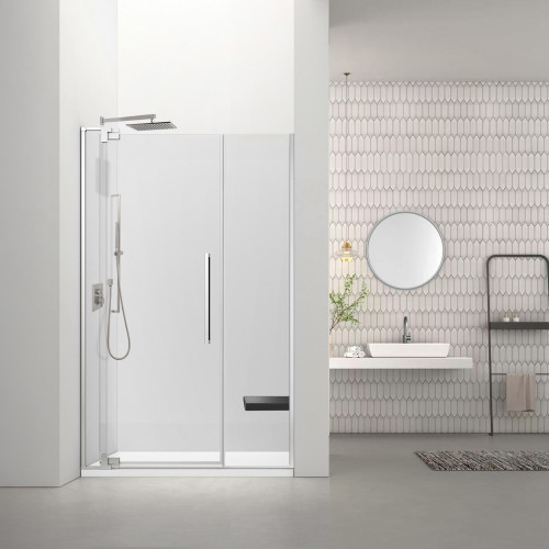RDPD4876108C-BS Rynolds Duo 48-in x 76-in Pivot Shower Door With 5/16-in Clear Glass And Sabrina Double-Sided Handles, Brushed Stainless