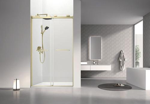 Olenna 48-in x 80-in Bypass Shower Door With 5/16-in Clear Glass And Riley Handles, Champagne Bronze