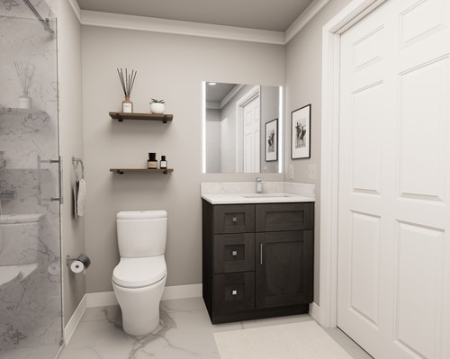 30-in x 21-in x 35-in Ready To Assemble Shaker Vanity Combo Base Cabinet With Three Drawers on Left, Smokey Grey, V3021DL-RTA-FR01-SG