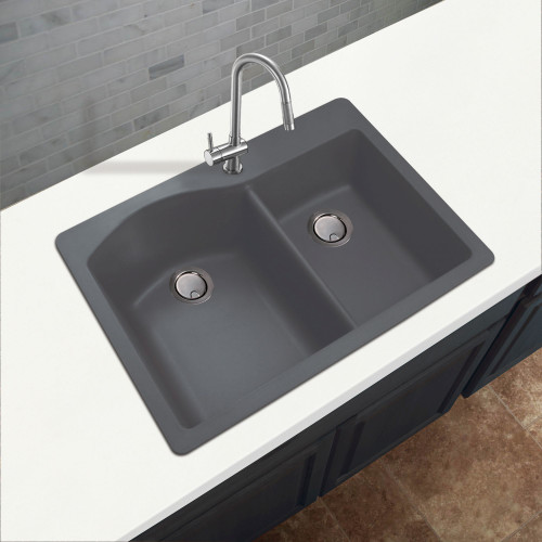 33-in X 22-in X 9.5-in silQ Granite Kitchen Sink with 1-3/4 D-Shaped Double Offset bowls, Drop-in Installation with 3 BCD Faucet Holes, In Grey