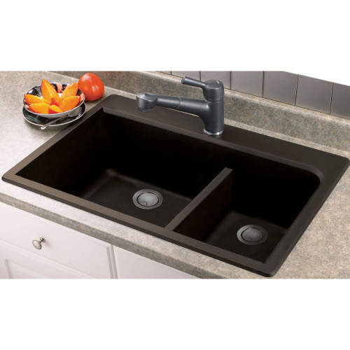 33-in X 22-in X 9.5-in silQ Granite Kitchen Sink with 1-3/4 J-Shaped Double Offset Bowls, Drop-in Installation, with 3 CDF Faucet Holes, In Espresso 33-in X 22-in X 9.5-in silQ Granite Kitchen Sink with 1-3/4 J-Shaped Double Offset Bowls, Drop-in Installation, with 3 CDF Faucet Holes, In Espresso