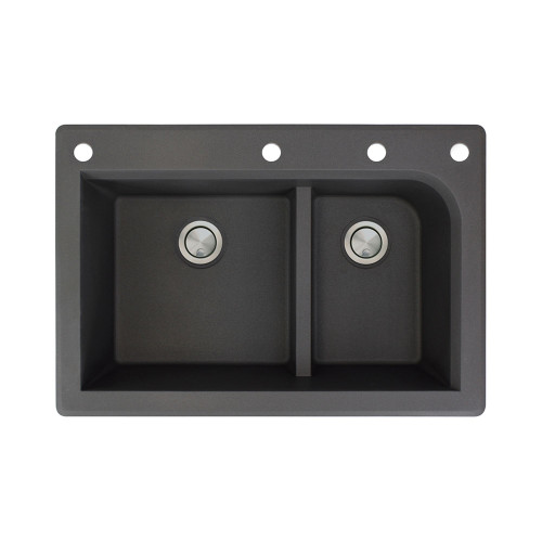 33-in X 22-in X 9.5-in silQ Granite Kitchen Sink with 1-3/4 J-Shaped Double Offset Bowls, Drop-in Installation, with 4 CAEF Faucet Holes, In Black 33-in X 22-in X 9.5-in silQ Granite Kitchen Sink with 1-3/4 J-Shaped Double Offset Bowls, Drop-in Installation, with 4 CAEF Faucet Holes, In Black