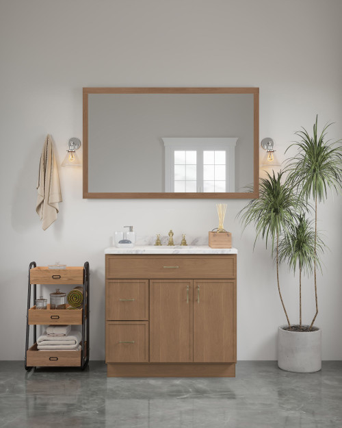 54-in x 34-in Slim Shaker Framed Vanity Mirror, Tan Wood