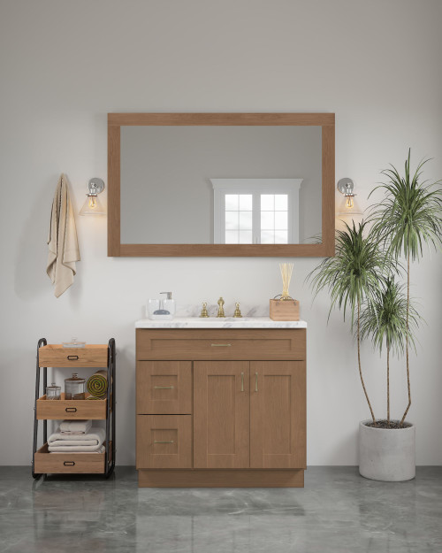 54-in x 34-in Shaker Framed Vanity Mirror, Tan Wood
