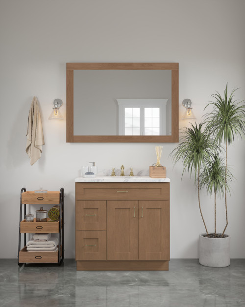 48-in x 34-in Shaker Framed Vanity Mirror, Tan Wood