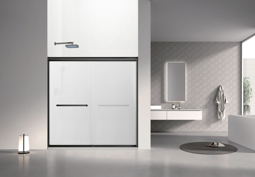 Stratford 60-in x 60-in Bypass Shower Door With 5/16-in Full Frost Glass And Round Tube Handles, Matte Black