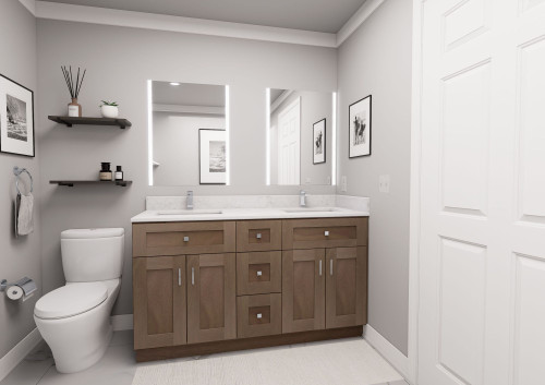 60-in x 21-in x 35-in Ready To Assemble Shaker Vanity Combo Base Cabinet With Center Drawer Stack, Tan Wood, VSD60-3D-RTA-FR01-TW