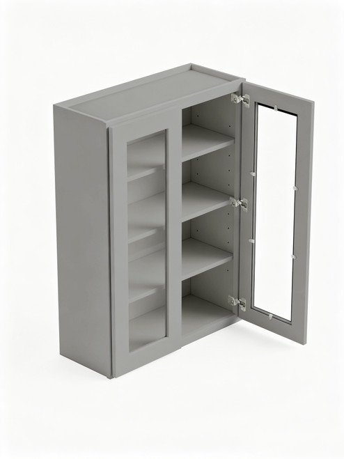 27 in. x 42 in. Ready to Assemble Wall Cabinet with Double Remington Frame Clear Glass Doors, Light Grey