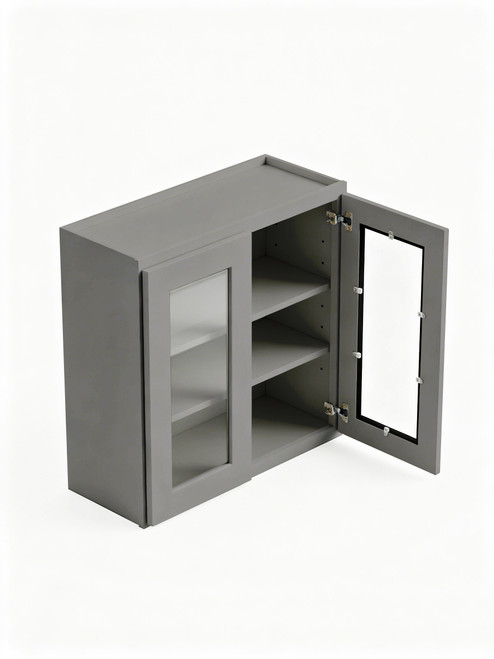 39 in. x 30 in. Ready to Assemble Wall Cabinet with Double Remington Frame Clear Glass Doors, Light Grey