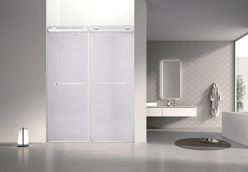 Olenna 60-in x 80-in Bypass Shower Door With 11/32-in Silver Sparkling Glass And Riley Handles, Brushed Stainless