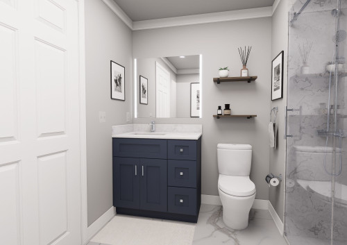 36-in x 21-in x 35-in Ready To Assemble Shaker Vanity Combo Base Cabinet With Three Drawers on Right, Navy Blue, V3621DR-RTA-FR01-NB