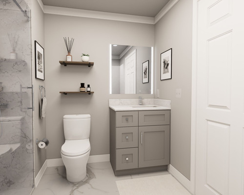 30-in x 21-in x 35-in Ready To Assemble Shaker Vanity Combo Base Cabinet With Three Drawers on Left, Light Grey, V3021DL-RTA-FR01-LG