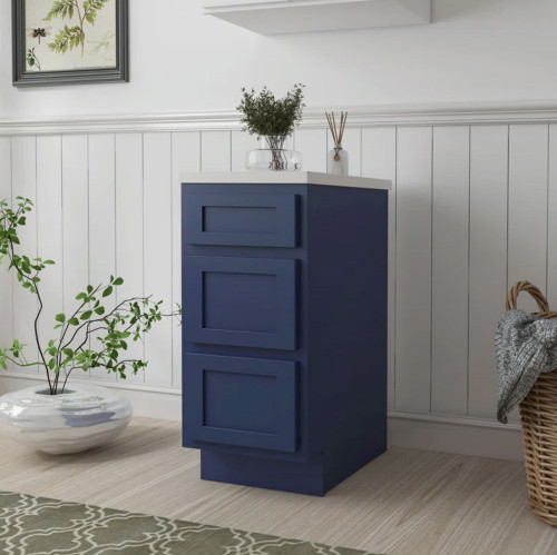15-in x 21-in x 35-in Ready To Assemble Shaker Vanity Three Drawer Base Cabinet, Navy Blue, 3VDB15-RTA-FR01-NB