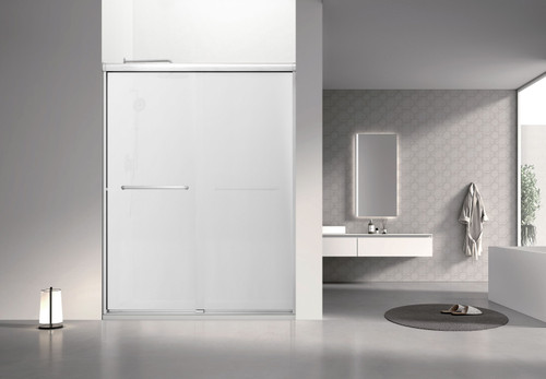 Stratford 60-in x 78-in Bypass Shower Door With 5/16-in Full Frost Glass And Round Tube Handles, Brushed Stainless