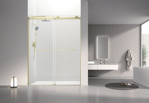 Olenna 60-in x 80-in Bypass Shower Door With 5/16-in Clear Glass And Riley Handles, Champagne Bronze