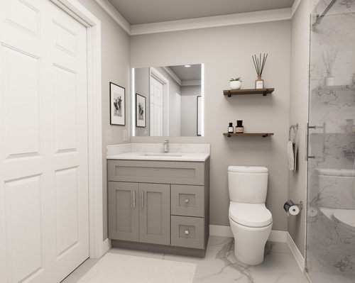 36-in x 21-in x 35-in Ready to Assemble Shaker Vanity Combo Base Cabinet With Two Drawers on Right, Light Grey, V3621DR-2D-RTA-FR01-LG