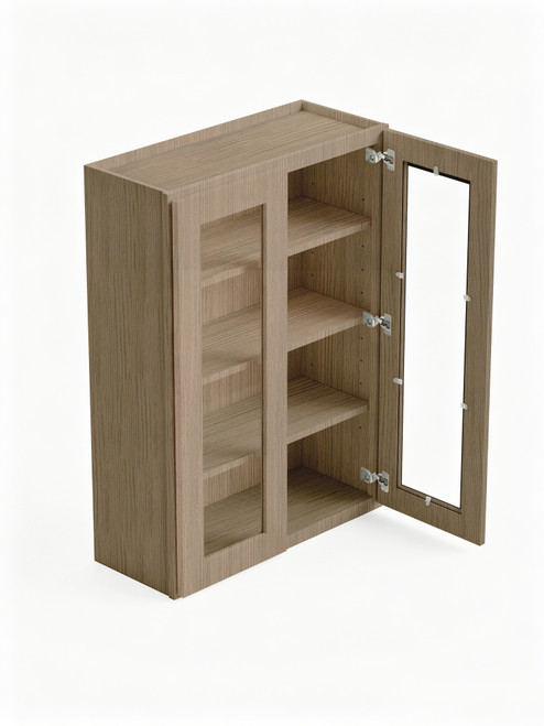 30 in. x 42 in. Ready to Assemble Wall Cabinet with Double Remington Frame Clear Glass Doors, Tan Wood