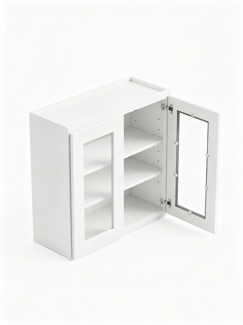 33 in. x 30 in. Ready to Assemble Wall Cabinet with Double Remington Frame Clear Glass Doors, White
