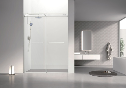 Olenna 60-in x 80-in Bypass Shower Door With 5/16-in Clear Glass And Riley Handles, Brushed Stainless