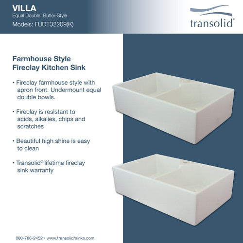 31.5-in x 20-in x 8.7-in Double Equal Bowls, Farmhouse Fireclay Kitchen Sink, Undermount Installation, 1 hole, in White