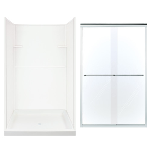 48-in Clear Glass Shower Kit with Wall Surround, Base, Door, in White/Silver 48-in Clear Glass Shower Kit with Wall Surround, Base, Door, in White/Silver