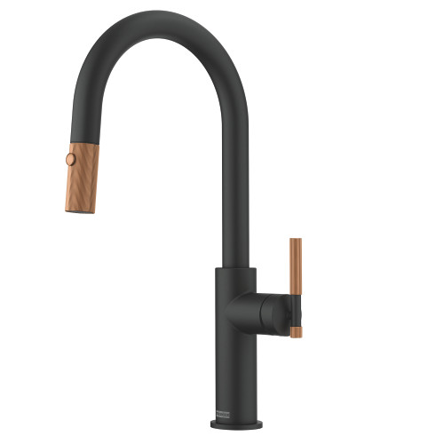 Franke Maris Stripes 16.75-Inch Single Handle Pull-Down Spray Faucet In Matte Black With Copper Accents