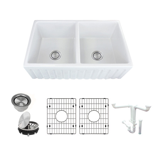 33-in x 20-in x 10-in Double Equal Bowls with Reversible (Fluted/Plain) Front, Farmhouse Fireclay Kitchen Sink, Undermount Installation, in White with Grids, Strainers, Installation Kit 33-in x 20-in x 10-in Double Equal Bowls with Reversible (Fluted/Plain) Front, Farmhouse Fireclay Kitchen Sink, Undermount Installation, in White with Grids, Strainers, Installation Kit