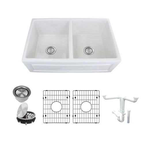 33-in x 20-in x 10-in Double Equal Bowls with Reversible (French/Plain) Front, Farmhouse Fireclay Kitchen Sink, Undermount Installation, in White with Grids, Strainers, Installation Kit