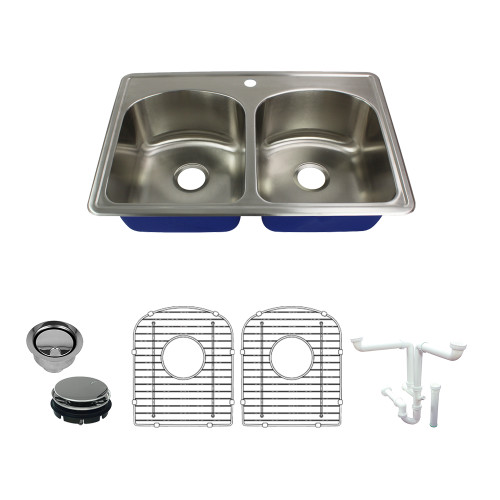 33-in x 22.02-in x 9-in 16 Gauge Double Equal Bowls, Stainless Steel Kitchen Sink, Drop-in Installation with 1-Hole, with Grids, Strainer, Disposer Strainer, Installation Kit