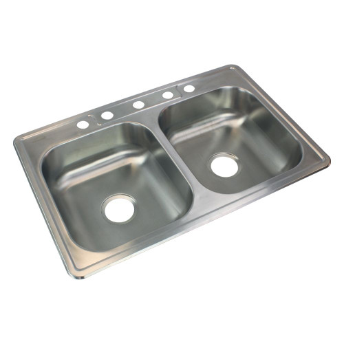 33-in x 22.02-in x 6-in 22 Gauge Double Equal Bowls, Stainless Steel Kitchen Sink, Drop-in Installation with 5-Holes, with Grids, Strainer, Disposer Strainer, Installation Kit