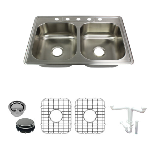 33-in x 22.02-in x 7-in 20 Gauge Double Equal Bowls, Stainless Steel Kitchen Sink, Drop-in Installation with 5-Holes, with Grids, Strainer, Disposer Strainer, Installation Kit