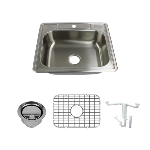 25-in x 22-in x 6-in 22 Gauge Single Bowl, Stainless Steel Kitchen Sink, Drop-in Installation with 1-Hole, with Grid, Strainer, Installation Kit 25-in x 22-in x 6-in 22 Gauge Single Bowl, Stainless Steel Kitchen Sink, Drop-in Installation with 1-Hole, with Grid, Strainer, Installation Kit