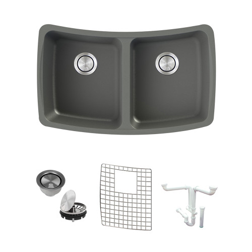 33-in x 20-in x 9-in SilQ Granite Equal Double Bowl Undermount Kitchen Sink in Grey with Grid, Strainer, Disposer Strainer, Installation Kit