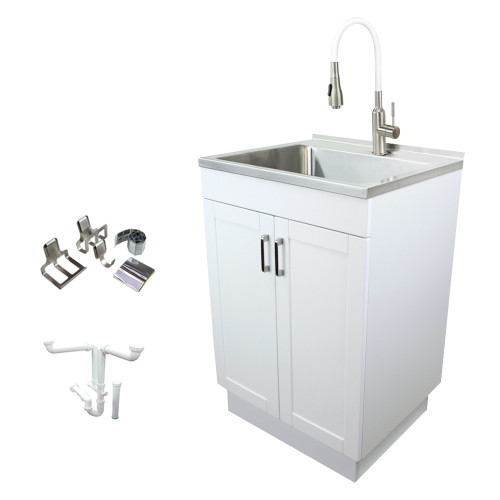 24-in White Laundry Cabinet with Stainless Steel Sink, Stainless Steel High Arc Faucet, Magnetic Sink Accessories, and Drain Installation Kit 24-in White Laundry Cabinet with Stainless Steel Sink, Stainless Steel High Arc Faucet, Magnetic Sink Accessories, and Drain Installation Kit