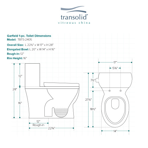 Transolid TBTS-2405-01 Garfield Elongated 1-Piece Vitreous China Comfort-Height  All-in-One Toilet Kit with Slow-Close Seat Water-Efficient 1.28 GPF White 