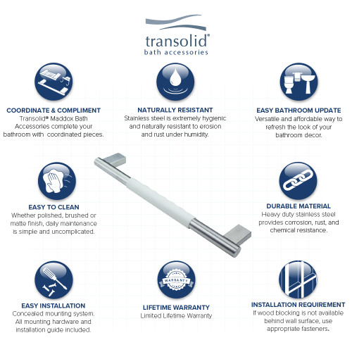 18-inch Grab Bar with White Rubber Handle, In Brushed Stainless