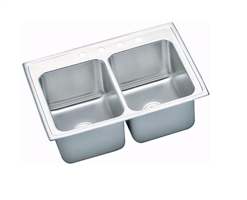 33" x 22" x 10-1/8" 18 Gauge Stainless Steel Double Bowl Top Mount Kitchen Sink with 4 Faucet Holes in Lustrous Satin 33" x 22" x 10-1/8" 18 Gauge Stainless Steel Double Bowl Top Mount Kitchen Sink with 4 Faucet Holes in Lustrous Satin