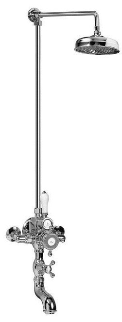 Exposed Thermostatic Tub and Shower System with Porcelain Lever Handle and Two Metal Cross Handles in Polished Chrome Exposed Thermostatic Tub and Shower System with Porcelain Lever Handle and Two Metal Cross Handles in Polished Chrome