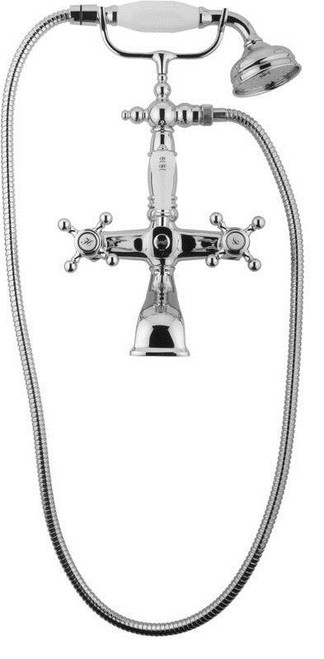 Wall Mounted Tub Filler with Porcelain Lever Handles, Hand Shower and Diverter in Steelnox Wall Mounted Tub Filler with Porcelain Lever Handles, Hand Shower and Diverter in Steelnox