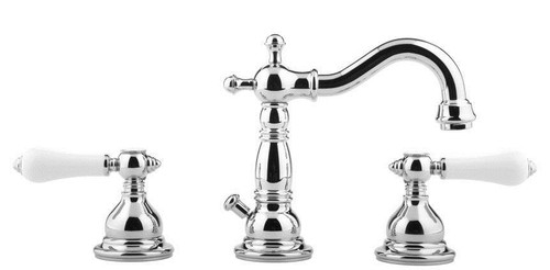 Widespread Bathroom Faucet with Porcelain Lever Handles in Polished Nickel Widespread Bathroom Faucet with Porcelain Lever Handles in Polished Nickel